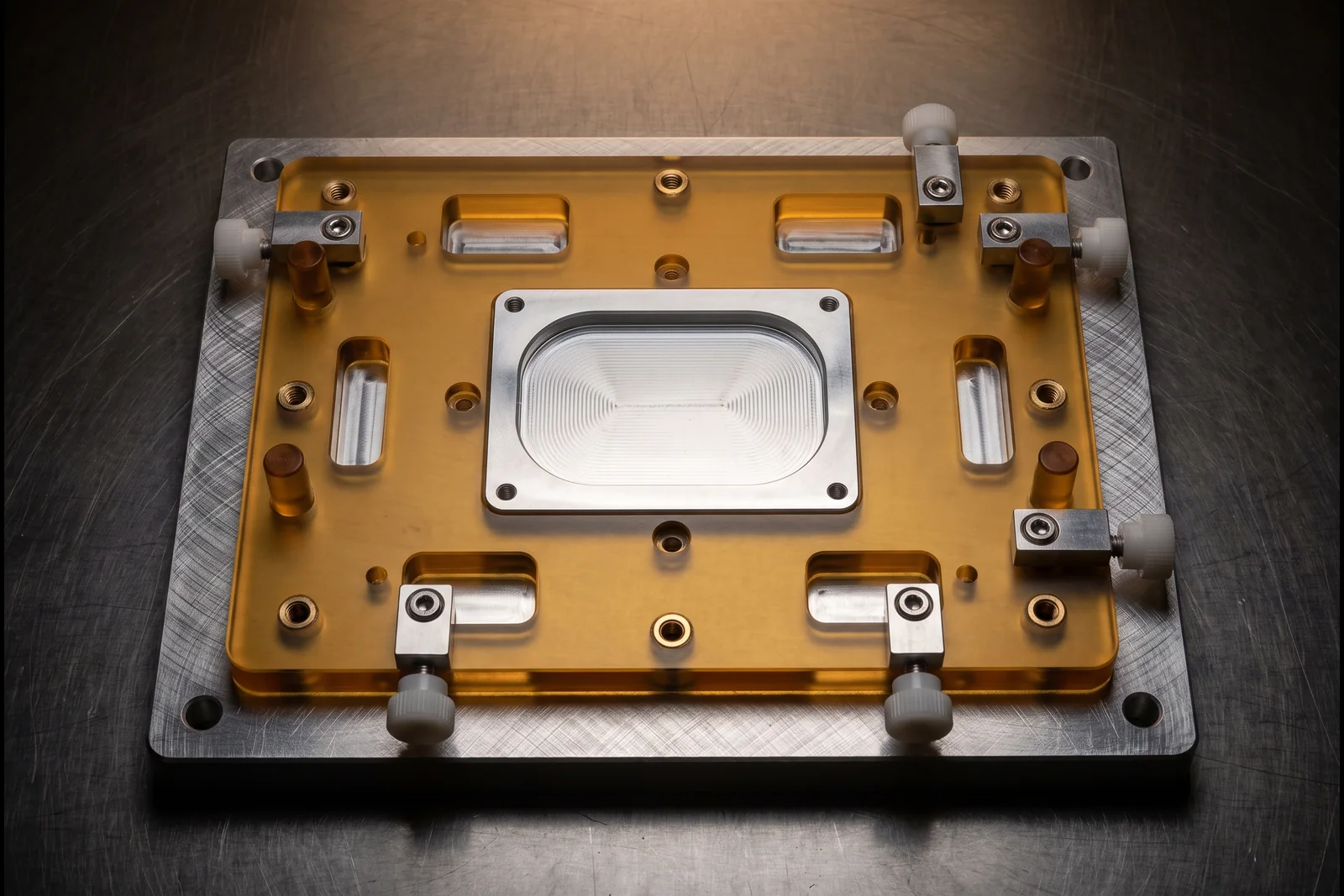 OTA test fixture — machined aluminium nest plate on an Ultem carrier plate