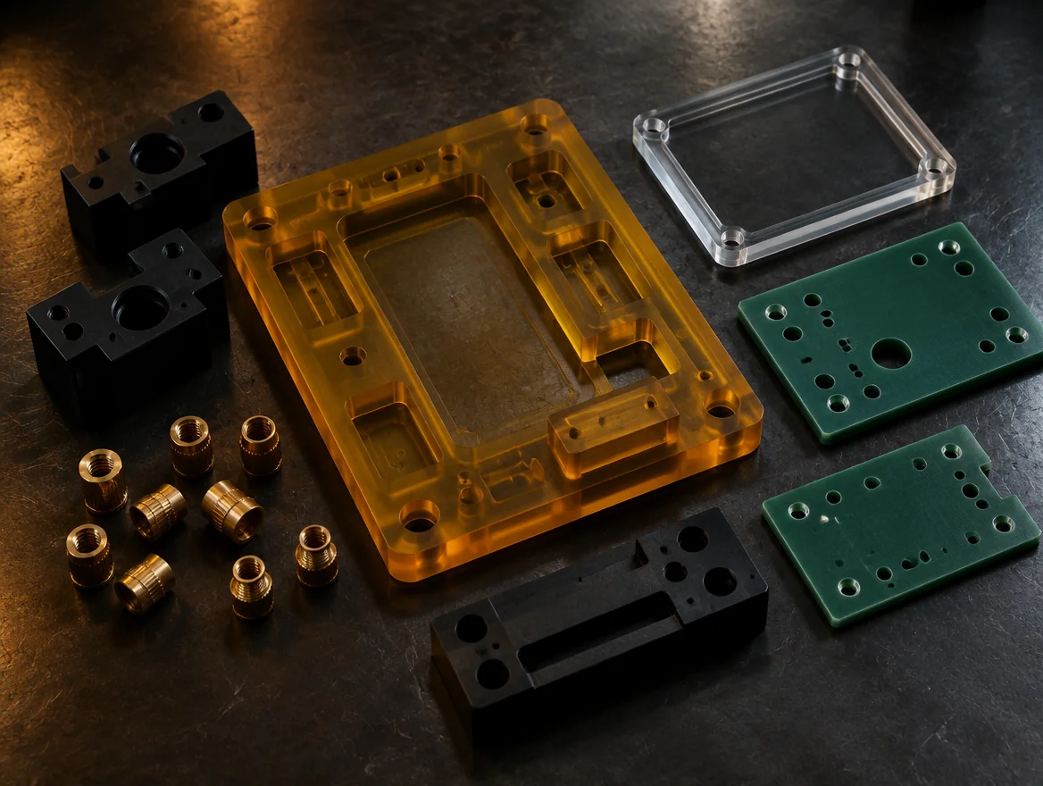 Machined Ultem, Delrin, polycarbonate and FR4 fixture parts with brass inserts