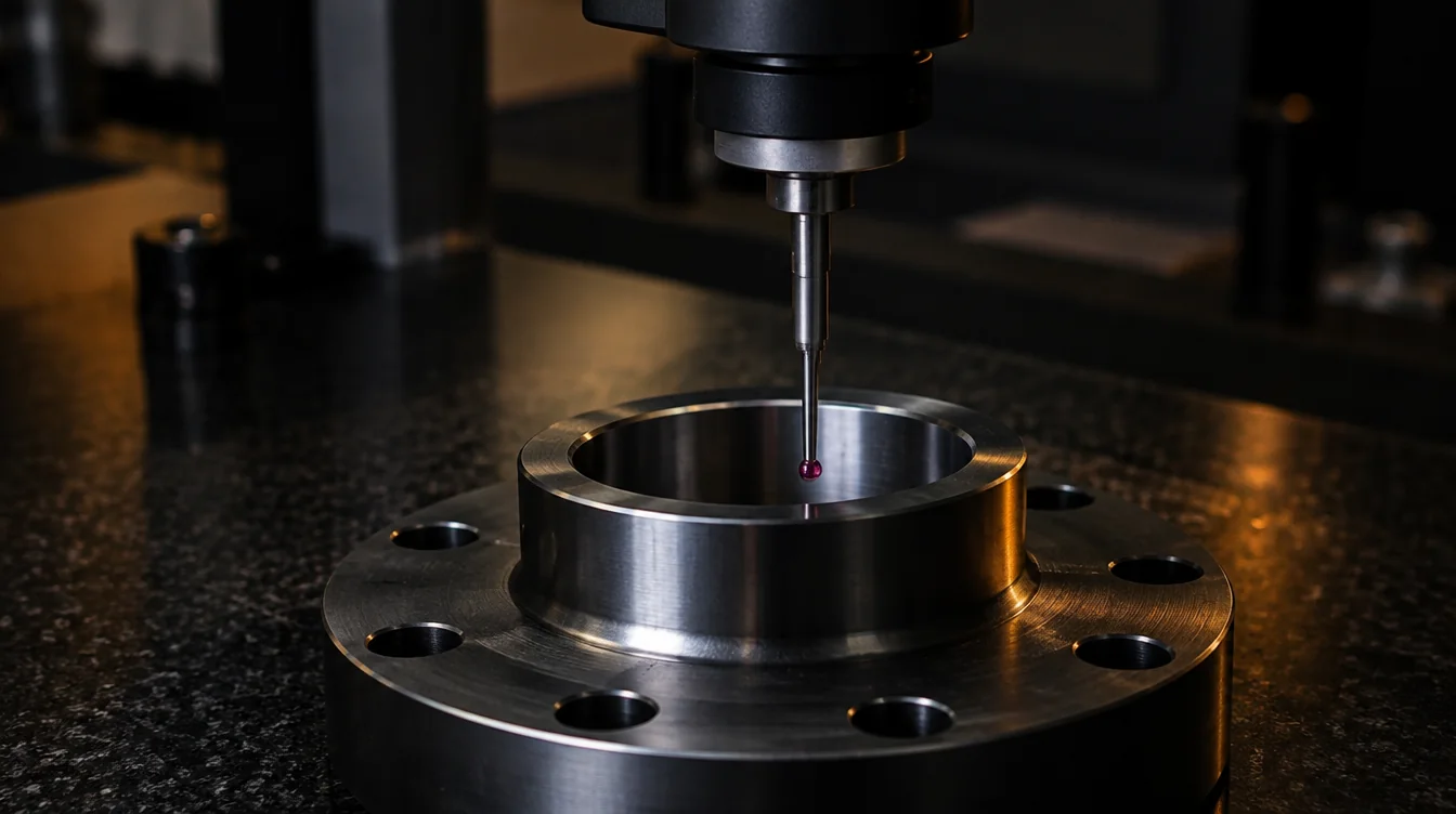 CMM stylus probing the bore of a machined flange