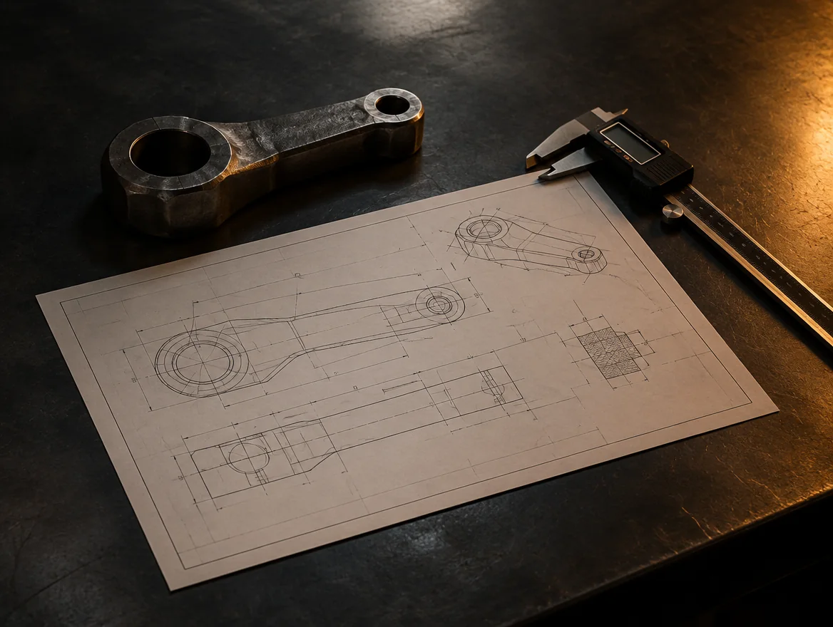 An engineering drawing with a forged blank and a caliper