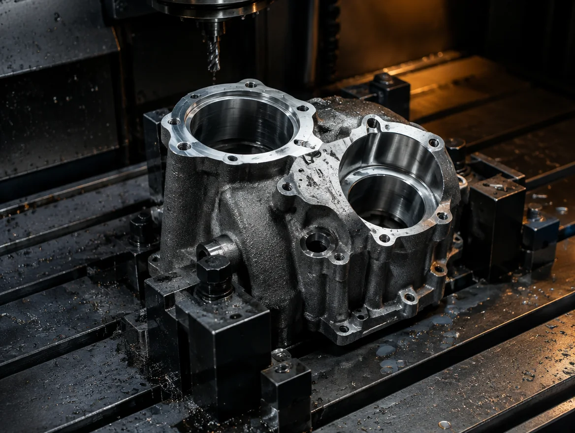A die-cast aluminium housing in a machining fixture with a freshly machined sealing face