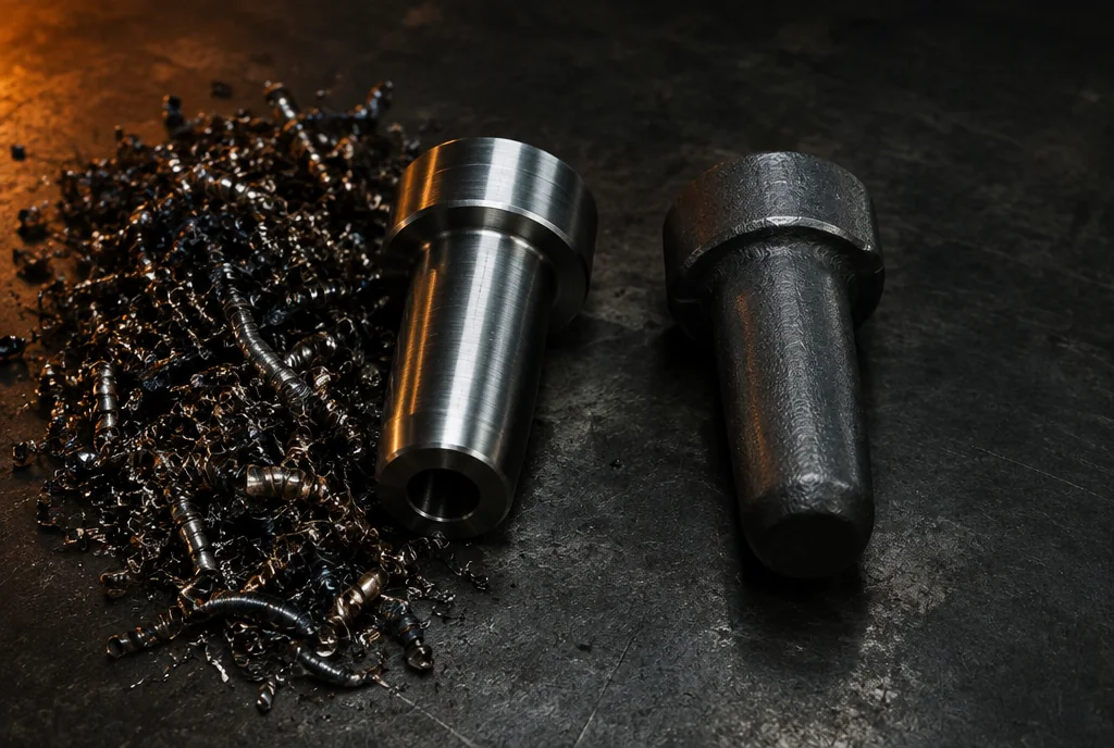 A part machined from bar with its chips, beside the same part as a forging