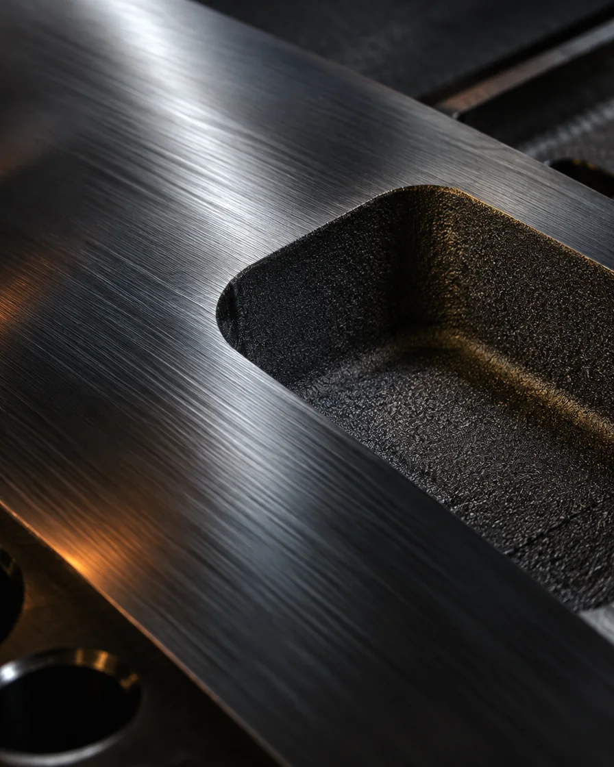 Surface-ground die steel beside a spark-eroded cavity